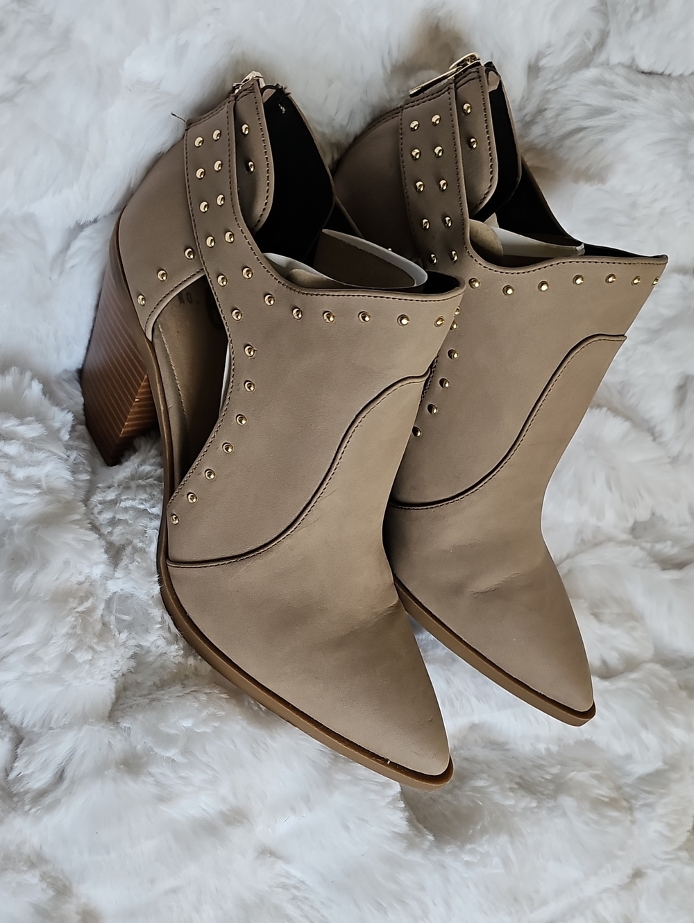 Mix No. 6 Taupe Studded Pointed-Toe Block Heel Booties